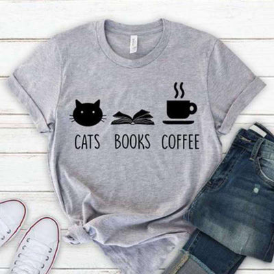 T Shirt Femme Cats Books Coffee