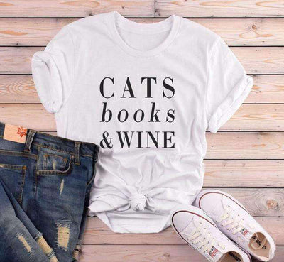 T Shirt Citation Cats Books Wine